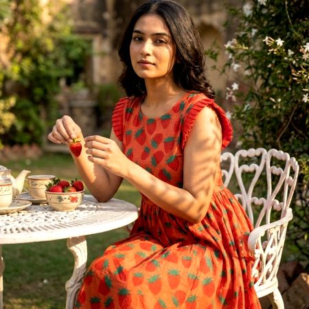 Handcrafted Strawberry Print Cotton Fit and Flare Dress